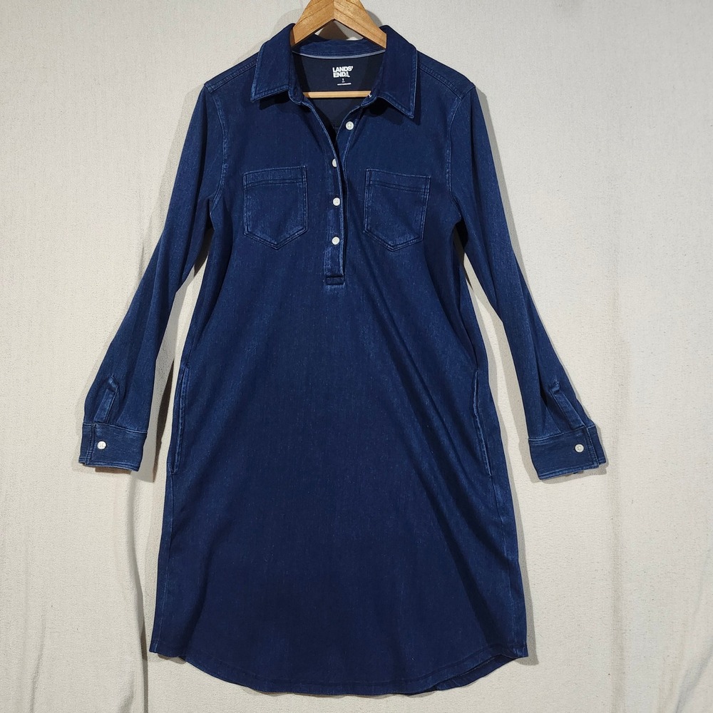 Lands End Women Small Indigo Blue Knit Denim Look Shirt Dress Stretch Fall Chic